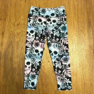 Evolution and creation sugar skull inspired workout capri leggings womens medium